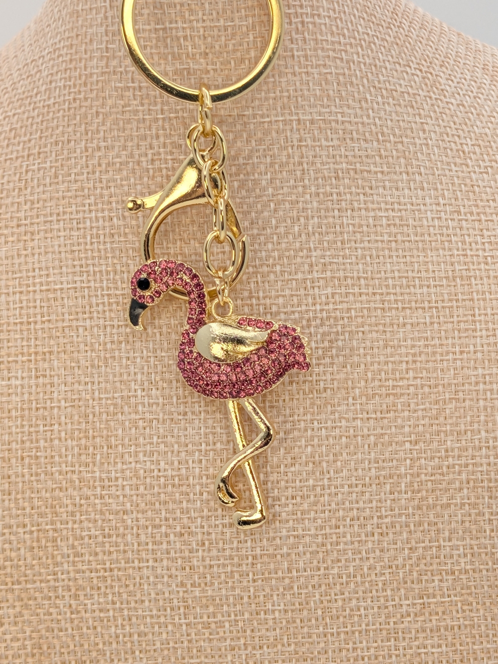 Pink Rhinestone Gold Tone Flamingo Keychain Bag Charm